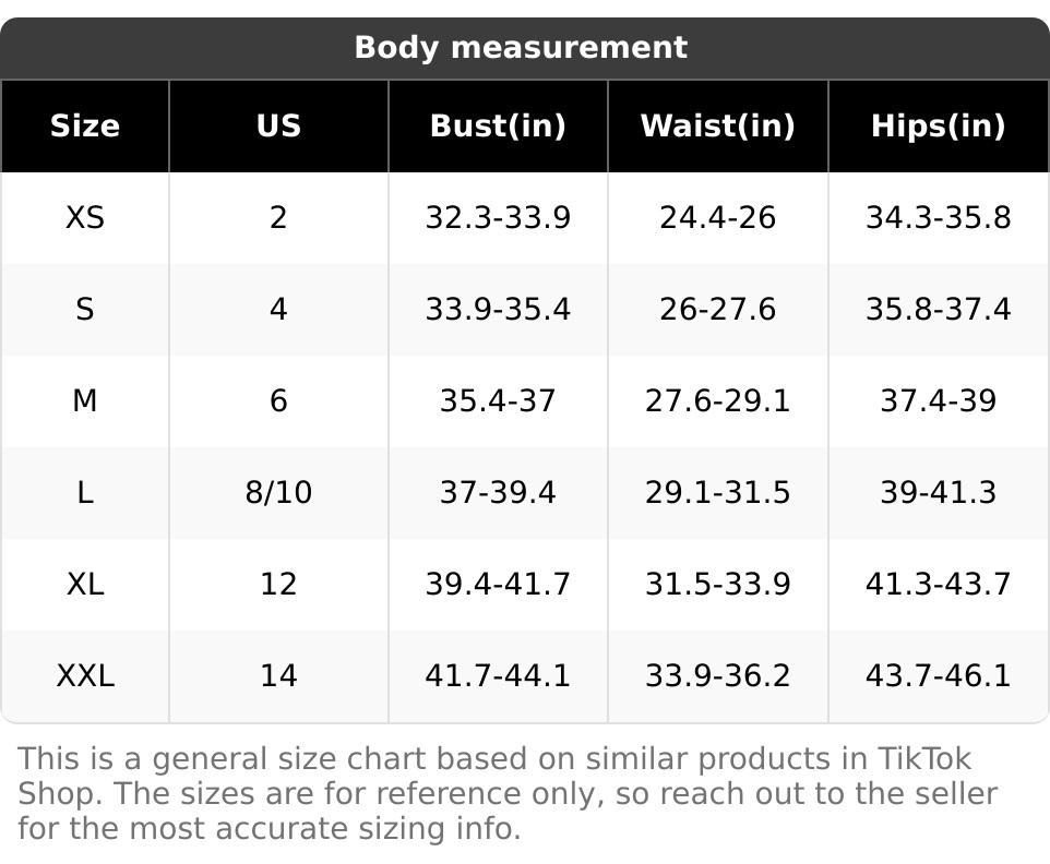 Women's two-piece shorts set body measurement chart for US sizes XS to XXL