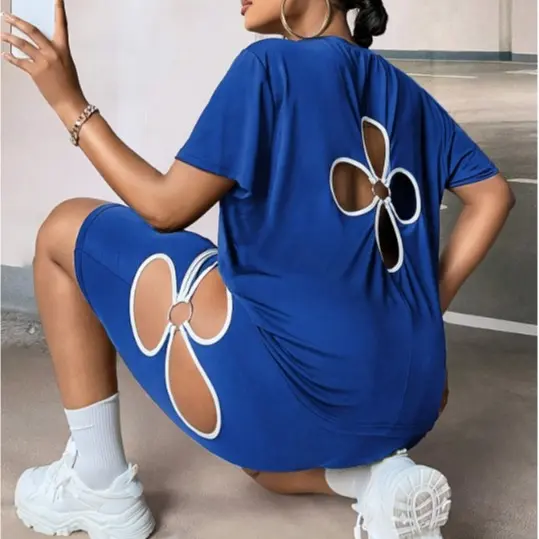 Blue women's short-sleeve floral cut-out top and matching shorts set