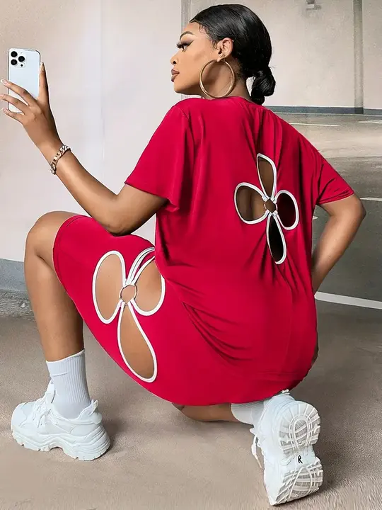 Red women's short-sleeve floral cut-out top and matching shorts set